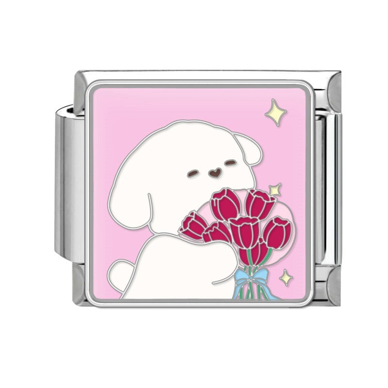 Pendant Dog with a bouquet of tulips