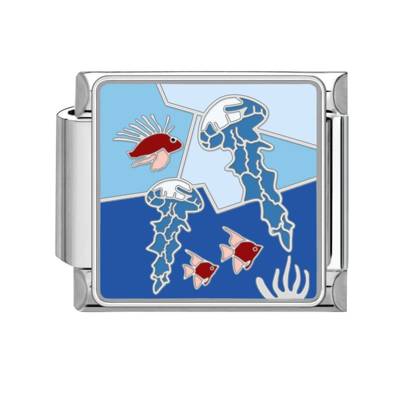 Jellyfish and tropical fish pendant