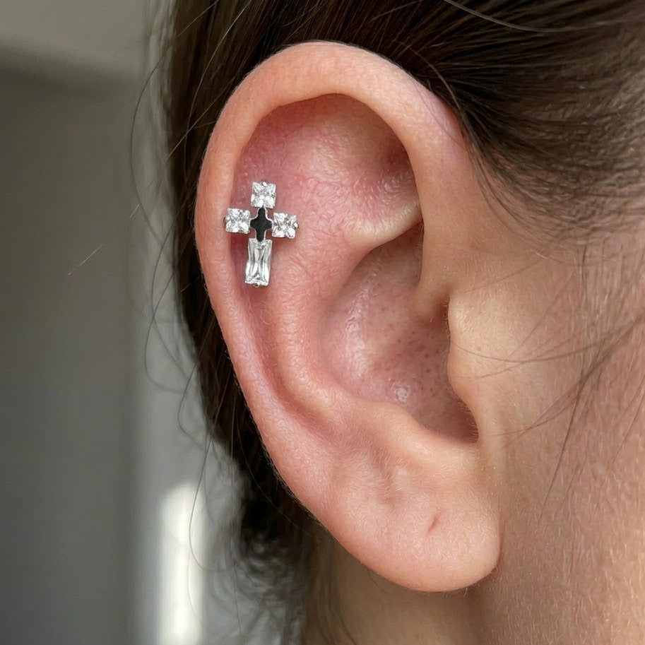 Labret argintiu „Clear Cross”