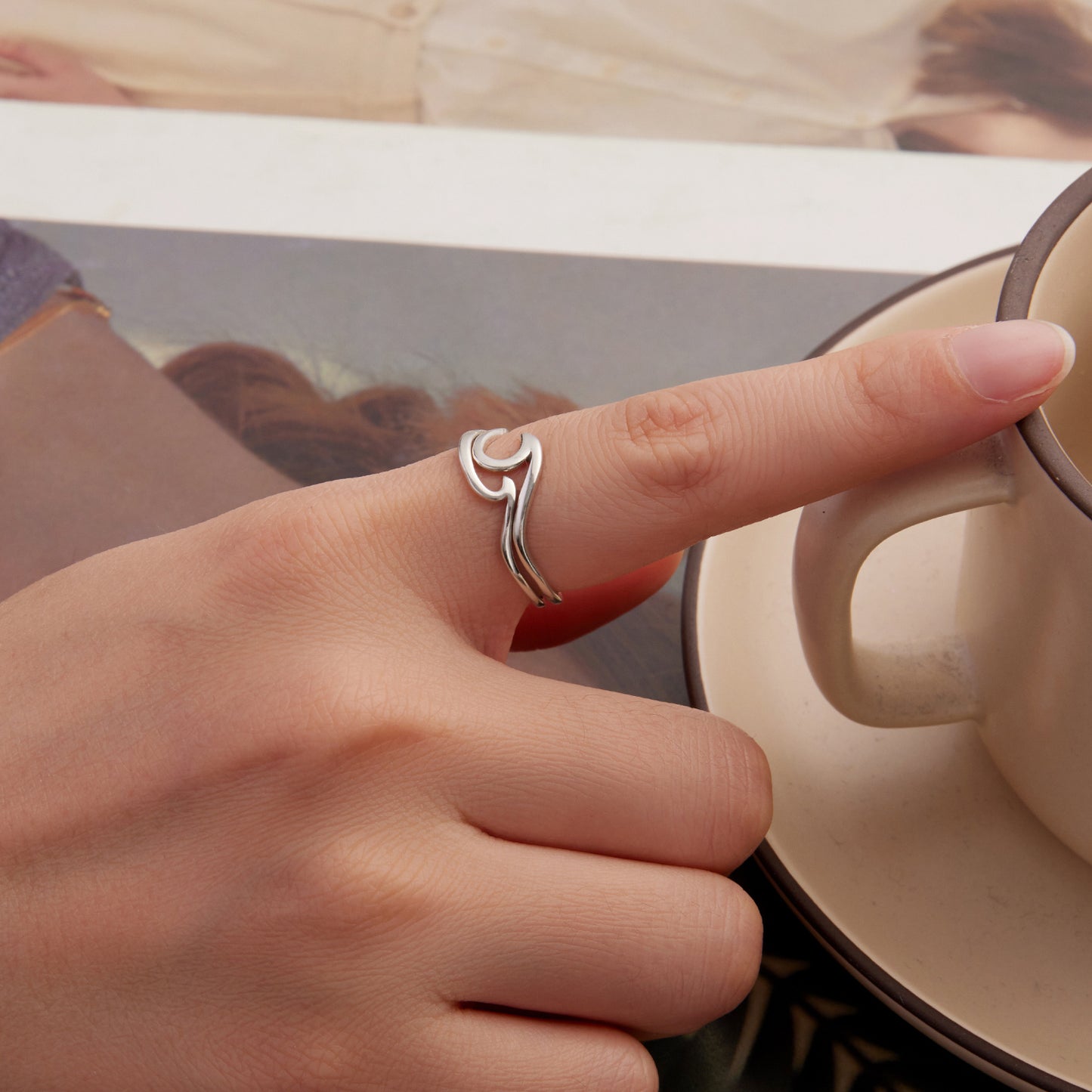 Silver adjustable ring Ocean wave