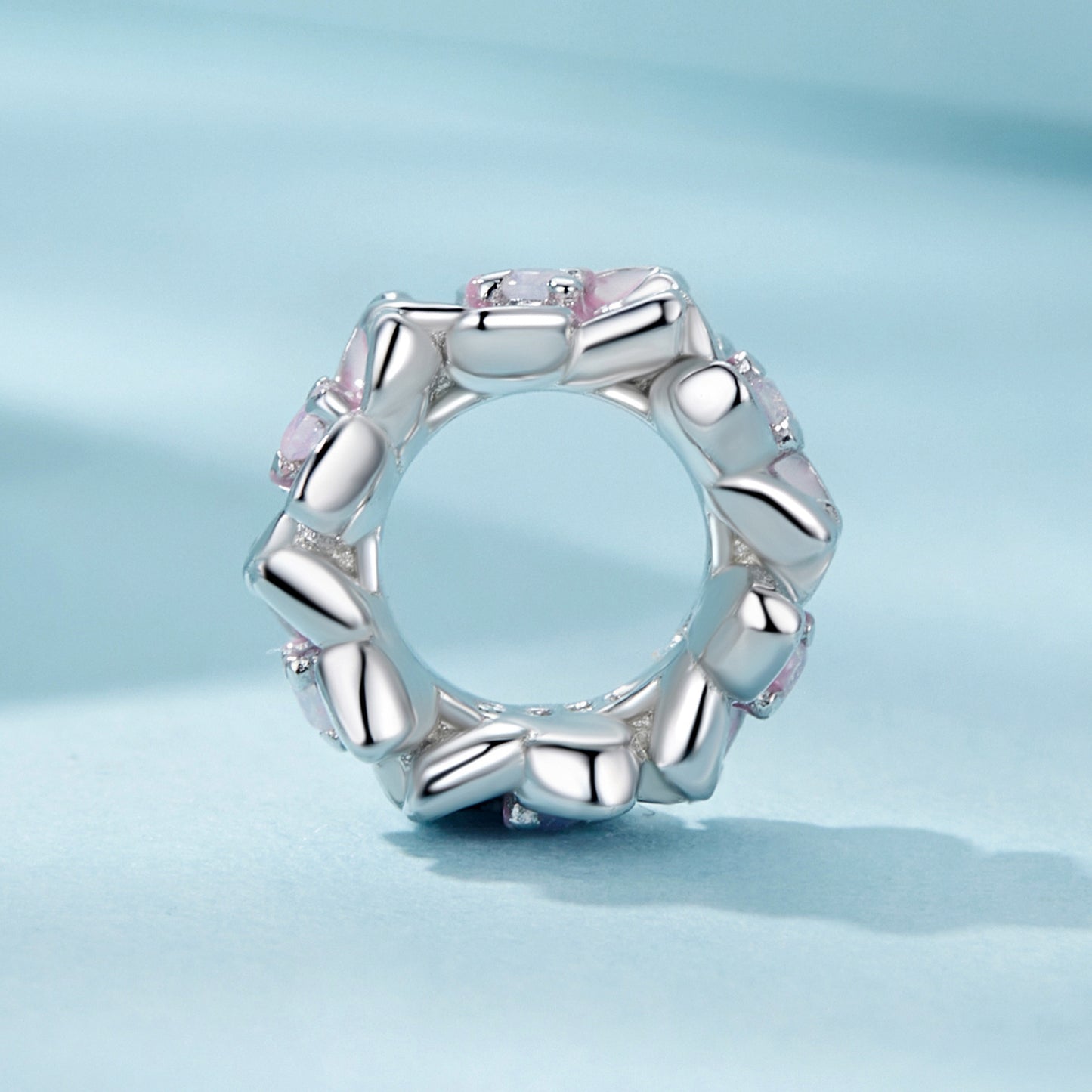 Silver pendant Flower belt with pink glaze