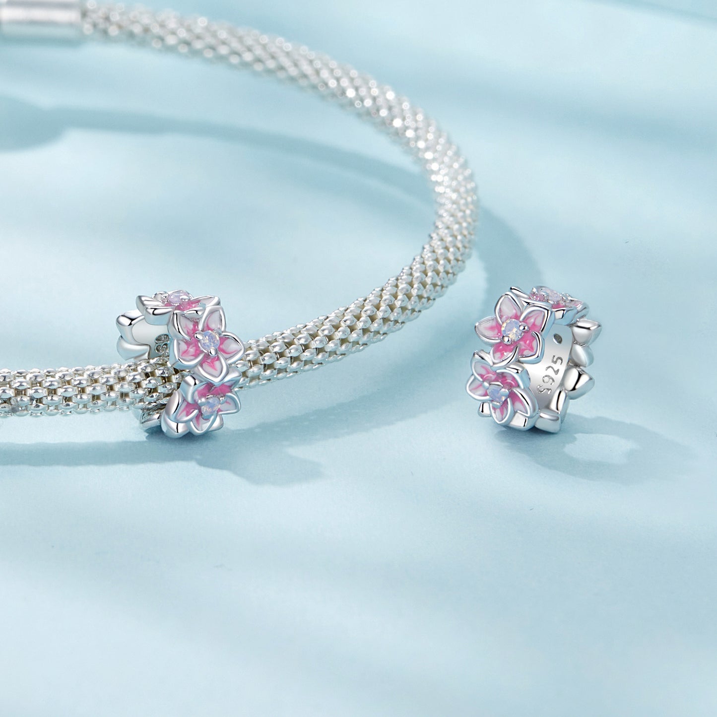 Silver pendant Flower belt with pink glaze