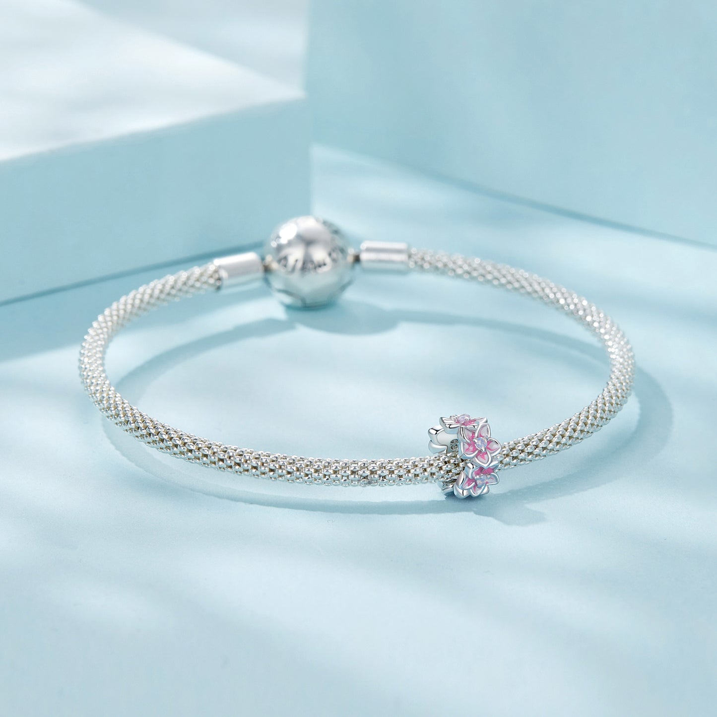 Silver pendant Flower belt with pink glaze