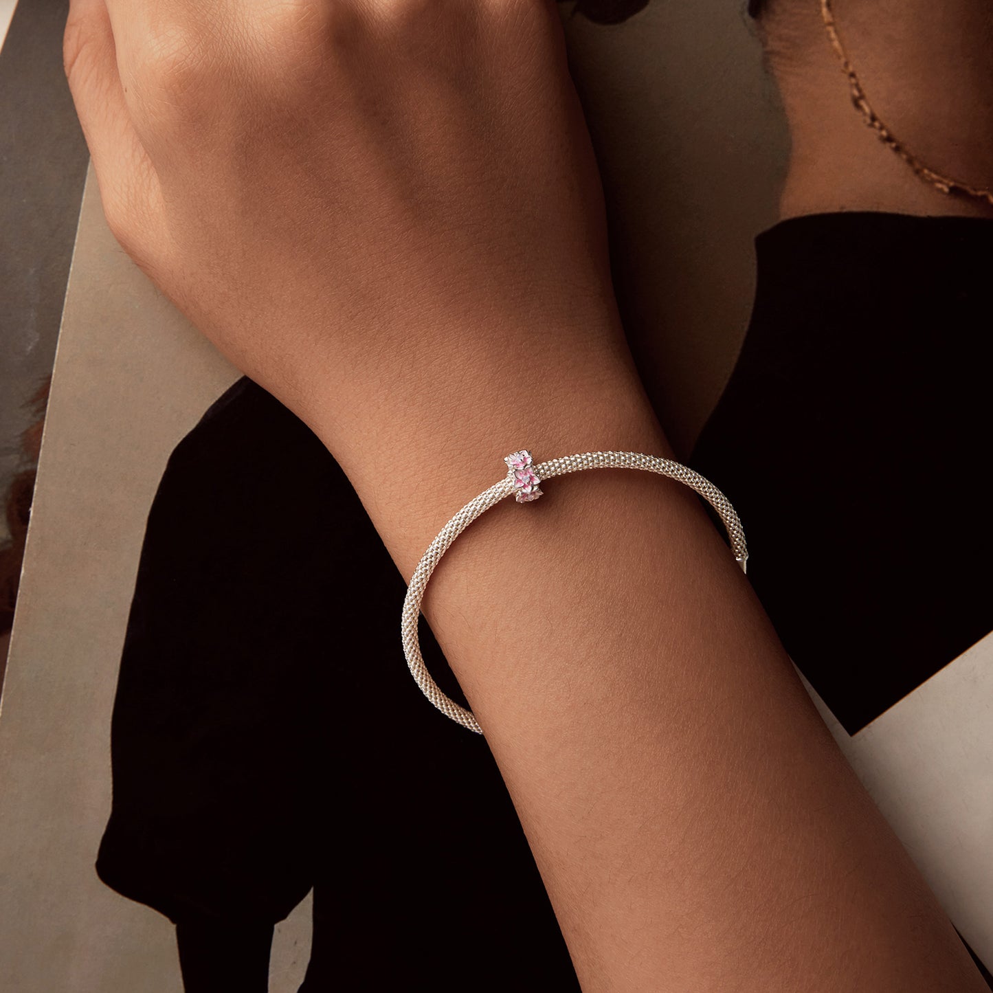 Silver pendant Flower belt with pink glaze