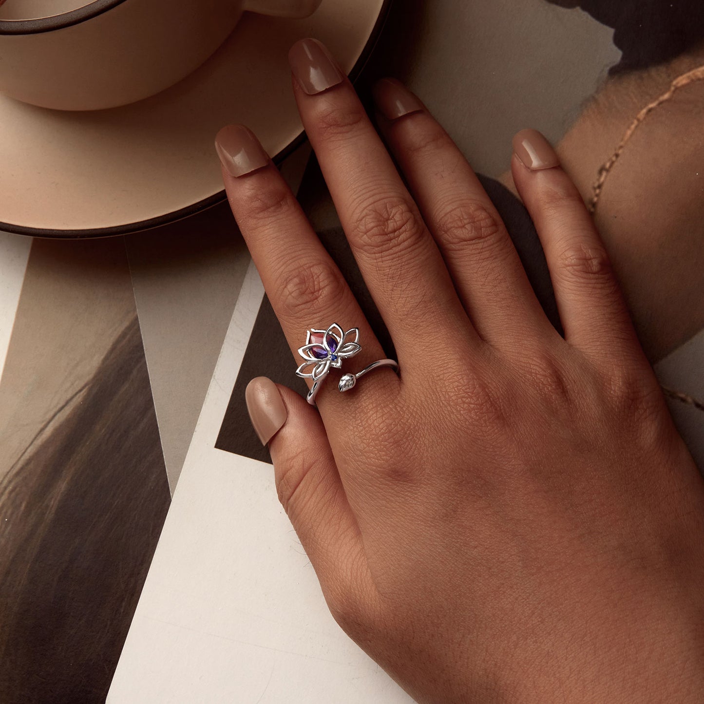 Lotus Ring – 925 Silver with Two-Tone Crystal