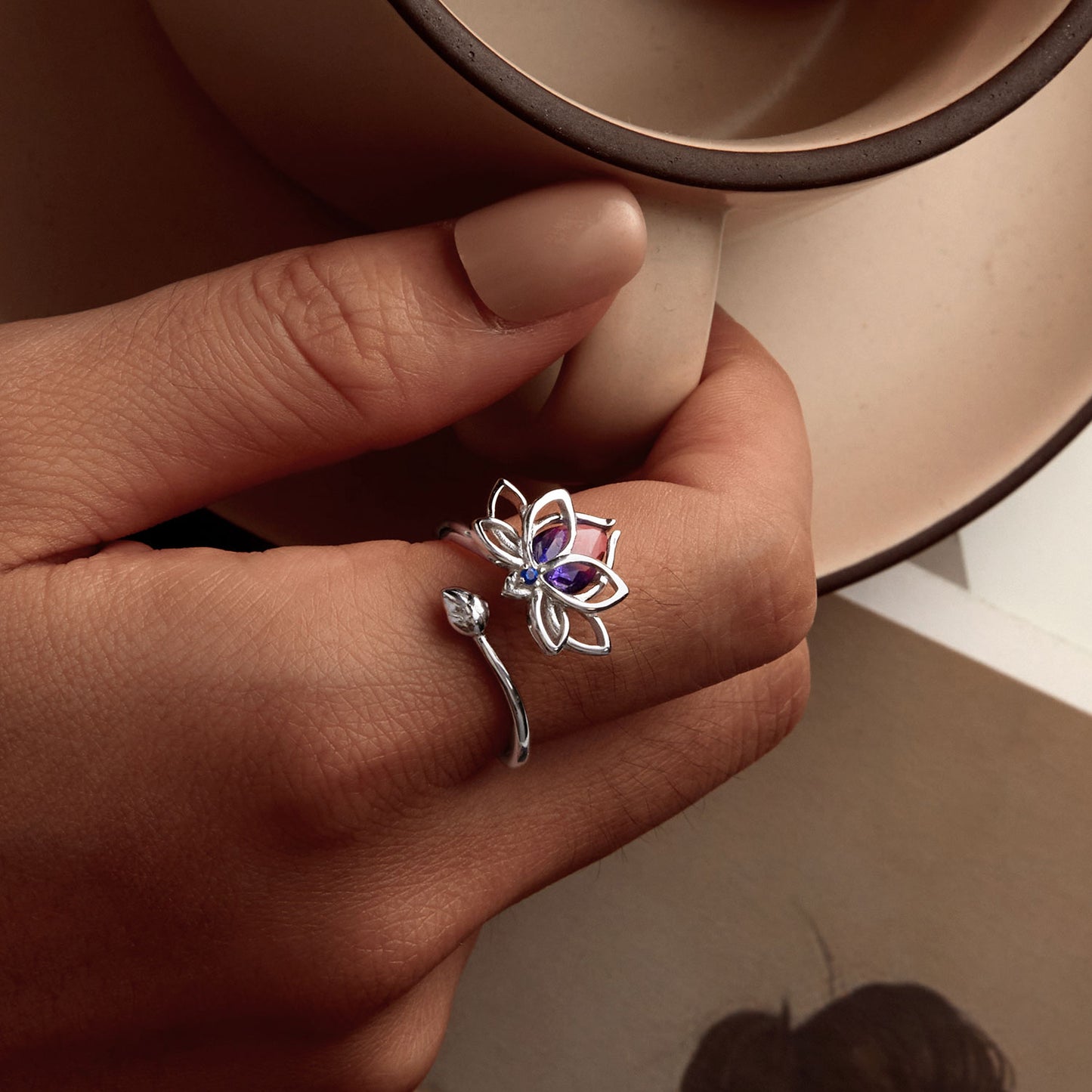 Lotus Ring – 925 Silver with Two-Tone Crystal